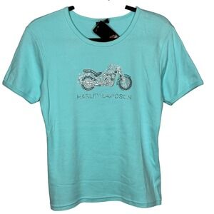 Harley Davidson NEW Rhinestone Moto Turquoise Graphic Tee MEDIUM Motorcycle